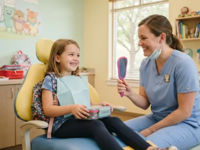 Child smiling at Hesperia dentist before school